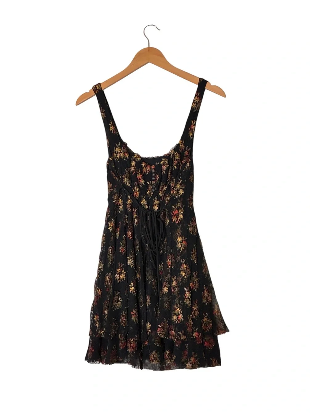 Free People | Black floral scoop neck romantic lace tie waist mini dress small